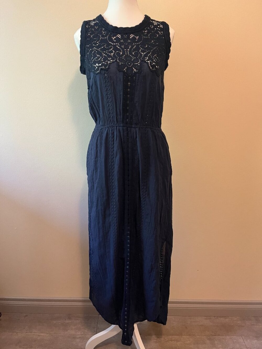 SEA NEW YORK 100% Cotton Maxi Dress, 0/XS, Dark Navy Blue Lace Eyelet Embroidery